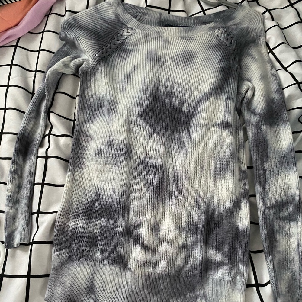 navy blue tie die sweater with braid detail